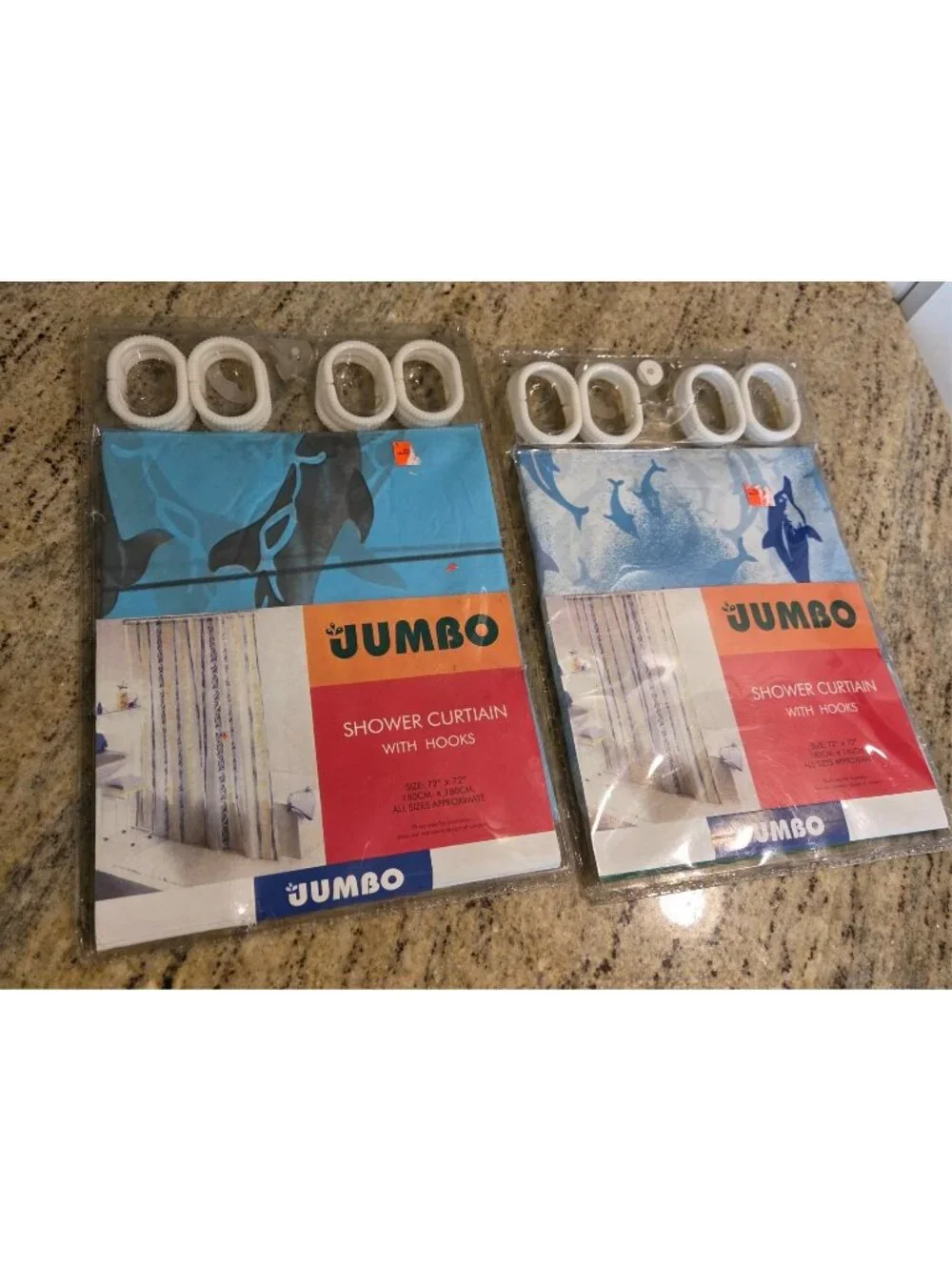 New! Lot of 2 Dolphin Shower Curtains w Hooks Blue Plastic Jumbo 72x72